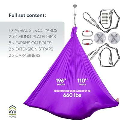 AyuHome Aerial Silks Yoga Swing Aerial Hammock Kit for Home | Premium aerial silks yoga swing kit with rigging hardware for aerial yoga, gymnastics, and home fitness - color: Aerial silk - Purple New