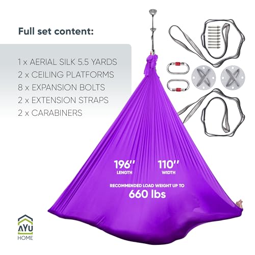 AyuHome Aerial Silks Yoga Swing Aerial Hammock Kit for Home | Premium aerial silks yoga swing kit with rigging hardware for aerial yoga, gymnastics, and home fitness - color: Aerial silk - Purple New