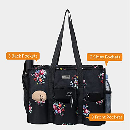 TOPDesign Utility Water Resistant Tote Bag with 13 Pockets, Zipper Closure - color: Blooming Flower, size: Medium