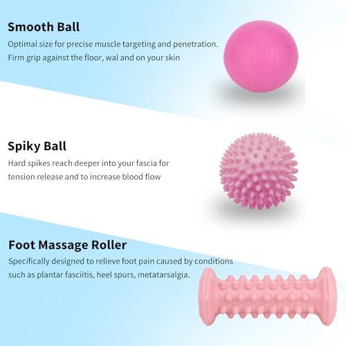 Pink Foot Massager Roller Set for Plantar Fasciitis, Arch&Heel Pain Relief | Includes Foot Roller, lacrosse and spiky massage balls for deep tissue trigger point muscle therapy and neuropathy relief - color: Pink Combination