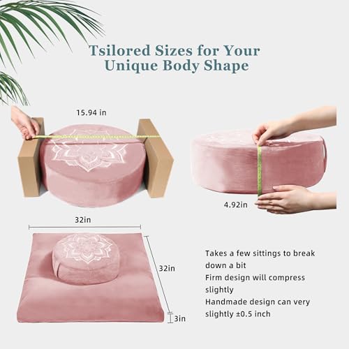 Meditation Cushion Set Zafu & Zabuton – Buckwheat Hull & Memory Foam, Adjustable Floor Pillow for Yoga, Meditation & Sitting, Removable Velvet Cover (Blush Pink) - color: Blush Pink