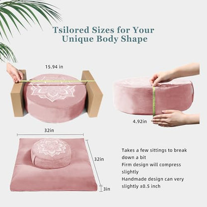 Meditation Cushion Set Zafu & Zabuton – Buckwheat Hull & Memory Foam, Adjustable Floor Pillow for Yoga, Meditation & Sitting, Removable Velvet Cover (Blush Pink) - color: Blush Pink