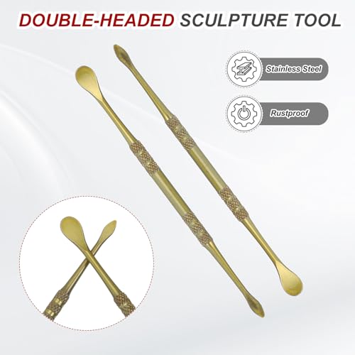 HARFINGTON 22pcs Wax Carving Tool 4.8" Double-Headed Stainless Steel Sculpture Tools Kit Modeling Engraving Sculpting Spoons for Clay Pottery Crafts Shaping, Green Gold - color: Green Gold
