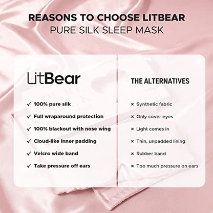 LitBear Silk Sleep Mask for Side Sleeper, Eye Mask Sleeping for Women Men | 100% 22 Momme Pure Mulberry Silk, Face-Hugging Padded Eye Cover for Sleeping with Adjustable Band, Pink - color: Pink