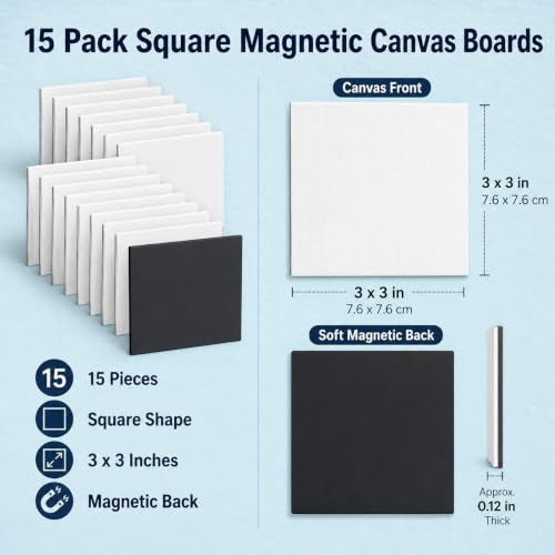 15 Pack 3 Inch Square Mini Magnetic Canvas Boards for Painting | 15 mini square canvases with soft magnetic backs for painting, refrigerator display, classroom crafts, and handmade gifts. - style: Square-15pcs