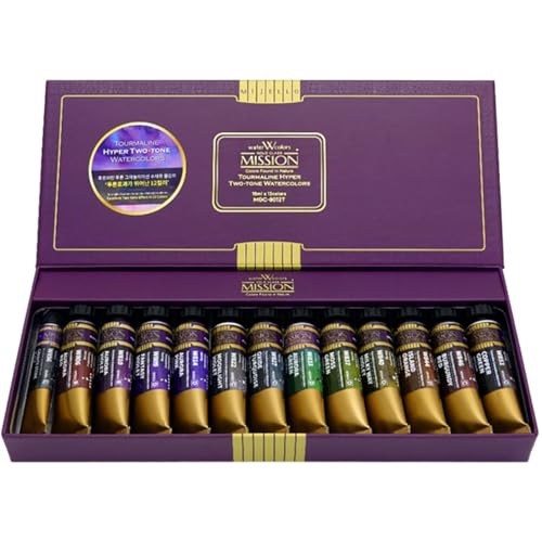 Mijello Mission Tourmaline Hyper Two-Tone Watercolor Set, 15ml Tubes, 12 Colors, Unique Granulation with Genuine Tourmaline Mineral Pigments for Art work & Craft_MGC-8012T