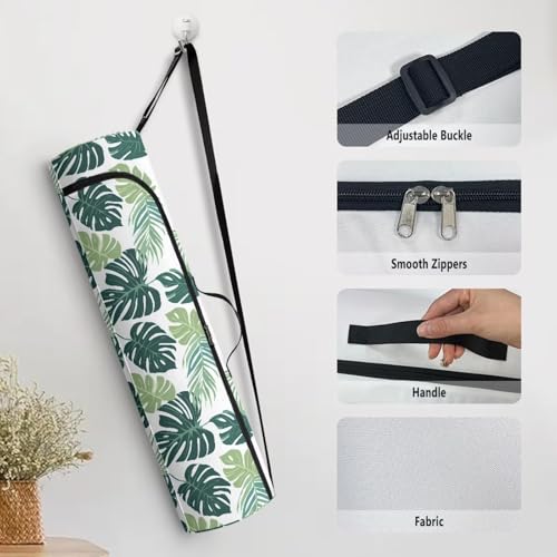 Yoga Mat Bag for Women & Men Full-Zip Yoga Mat Carrier Bag for Class Workout Park with Adjustable Strap - color: Green Palm Leaf