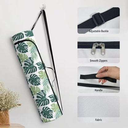 Yoga Mat Bag for Women & Men Full-Zip Yoga Mat Carrier Bag for Class Workout Park with Adjustable Strap - color: Green Palm Leaf