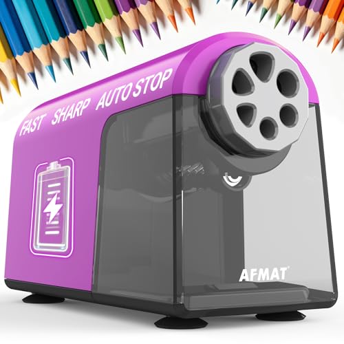 AFMAT Electric Pencil Sharpener for Classroom, 6 Holes, Cordless & Rechargeable, Fast Sharpen, Auto Stop, 10K+ Uses, Heavy Duty Pencil Sharpener for 6-11mm No.2/Large/Colored Pencils PSD2(Purple) - color: Purple