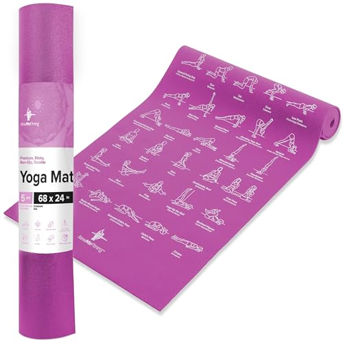 NewMe Fitness Yoga Mat for Women and Men - Large, 5mm Thick, 68 Inch Long, Non Slip Exercise Mats w/ 70 Printed Yoga Poses for Pilates, Workout and Stretching - Home and Gym Essentials - color: Purple