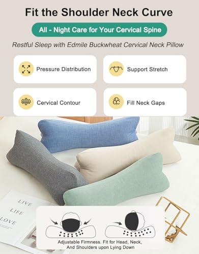 Breathable Buckwheat Cervical Neck Support Pillow, Triangle Pillows for Neck Pain Relief, Adjustable Height Cool Sleep Cylinder Bolster Pillow, Removable Washable, Green 15 X 5 Inches - color: Green
