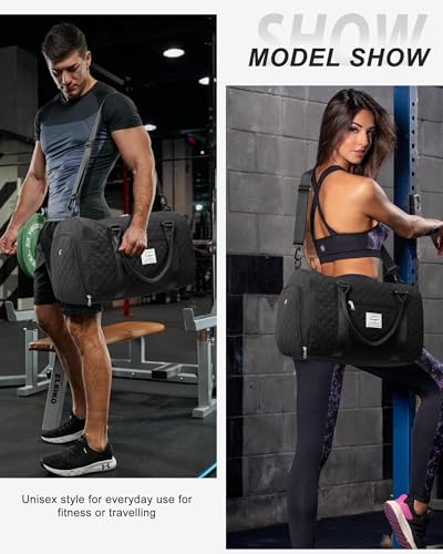 Gym Duffle Bag for Women with Shoe Compartment Waterproof Travel Tote Bags Personal Item Carry On Weekender Overnight Bags with Toiletry Bag Swimming Yoga Bags Hospital Holdalls Black - color: C7-Grid-Back