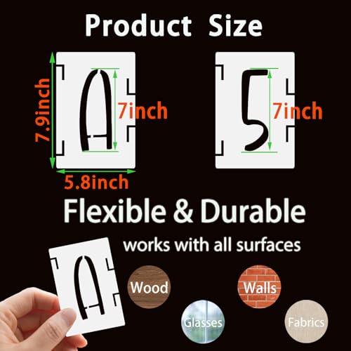 BAMIDELE 7 Inch Alphabet Letter Numbers Stencils, 42 Pcs Reusable Plastic Letters Symbol Interlocking Drawing Template Kit for Painting on Wood, Fabric, Rock, Chalkboard, Door Porch, Wall, Signage - size: 7 Inch