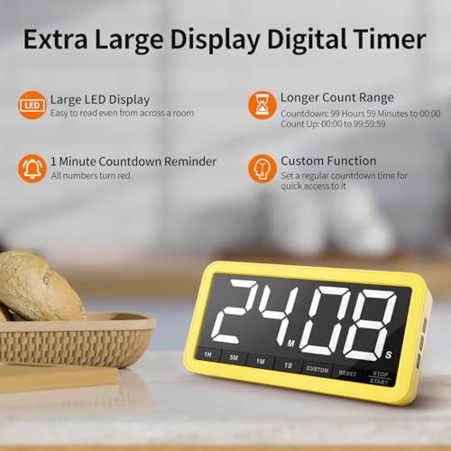 VOCOO Large 7.8" Digital Timer, Magnetic LED Timer for Kitchen & Classroom | USB-C Rechargeable, Up to 99 Hours Count Up & Countdown Timer with 3 Brightness Levels, 4 Alert Modes and 3 Volume Levels - color: Yellow