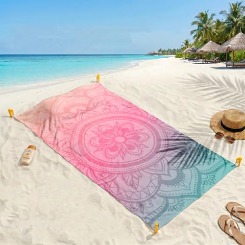 YunTu Bohemia Oversized Sandproof Beach Towel Blanket with 4 Wind Anchors & Detachable Pillow and Pocket, Extra Large Microfiber Mandala Beach Mat for Travel, Camping, Hiking(Mandala 3) - color: Mandala 3