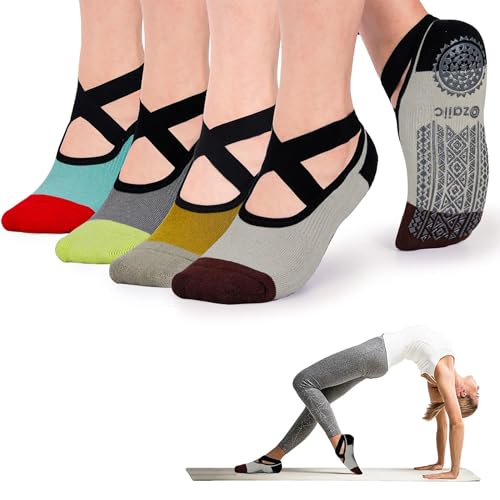 Ozaiic Pilates Socks for Women Non Slip Grip Yoga Barefoot Indoor Workout | Breathable cotton grippy sock, slipper sticky socks, one size fits women for barre, ballet, dance, hospital, home - color: 4 Pairs -Green/Brown/Beige/Gray