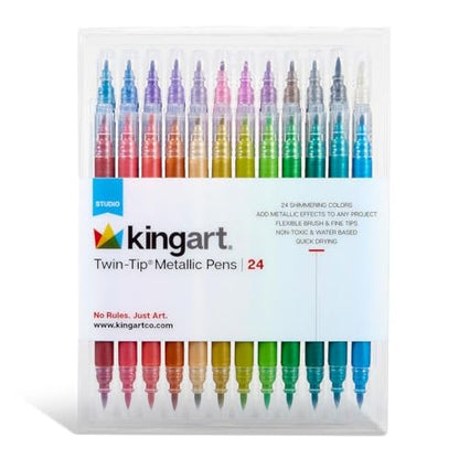 KINGART 24 Metallic Dual Tip Brush + Fine Markers - Easy for All Ages & Levels Pens for Card Making, Journaling, Scrapbooking, Fabric, Rock, Glass, DIY, Black Paper, Art Supplies, Halloween, Christmas