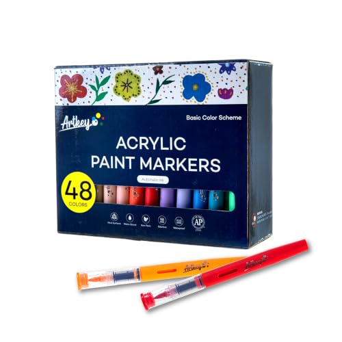 Artkey Acrylic Paint Markers 48 Colors, Direct-Liquid Acrylic Paint Pens with Automatic Ink Control, Flexible Brush Tip Acrylic Markers Set for Rock Painting, Wood, Canvas, Glass, Ceramic, DIY Crafts - color: 48 Colors
