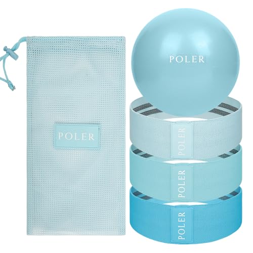 Poler Booty Resistance Bands Set for Women – 3 Fabric Bands (Light, Medium, Heavy) + Pilates Ball – Non-Slip Glute & Leg Workout Kit for Home Fitness, Yoga & Strength Training - color: Blue
