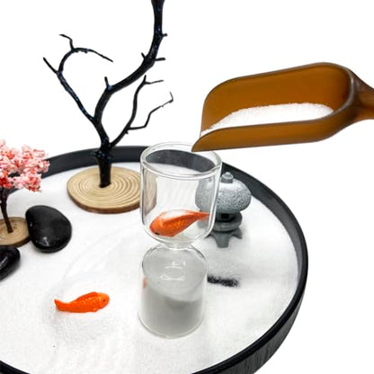 Desktop Zen Garden with Refillable Hourglass and Koi Fish – Miniature Japanese Rock Garden Kit with Sand, Rake, and Accessories – Stress Relief Desk Decor for Home & Office