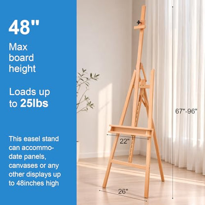Large A-Frame Solid Beechwood Studio Easel for Painting | Adjustable Artist Easel with Storage Drawer, Display Easel Stand Holds Canvas Up to 48 Inches, Natural - style: Natural