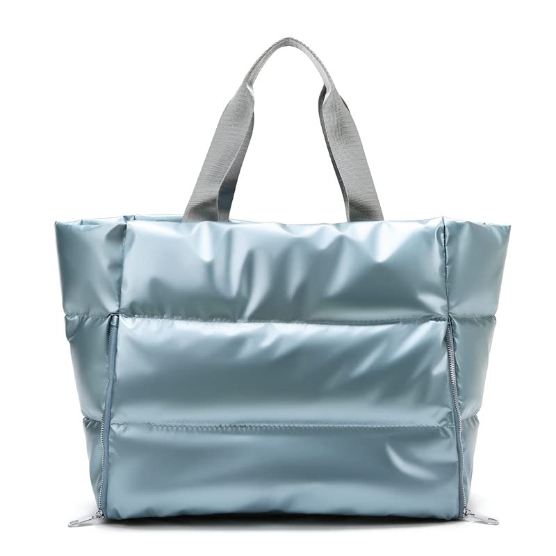 Large Puffer Tote Bag for Women, Quilted Gym Bag with Yoga Mat Holder, Travel Duffle, Waterproof Carry on Weekender Bag (blue) - color: blue
