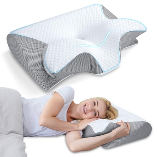 HOMCA Memory Foam Cervical Pillow, 2 in 1 Ergonomic Contour Orthopedic Pillow for Neck Pain, Contoured Support Pillows for Side Back Stomach Sleepers - color: Grey
