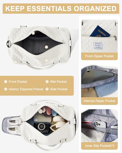 Gym Duffle Bag for Women with Shoe Compartment Waterproof Travel Tote Bags Personal Item Carry On Weekender Overnight Bags with Toiletry Bag Swimming Yoga Bags Hospital Holdalls Beige - color: C5-Grid-Beige