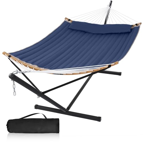 2 Person Hammock with 12FT Stand, Outdoor Hammock, Navy Blue | Heavy Duty Hammock with Curved Spreader Bars, Pillow, Safety Ropes and Portable Carring Bag, Large Hammock, Max 450 Lbs - color: Navy Blue