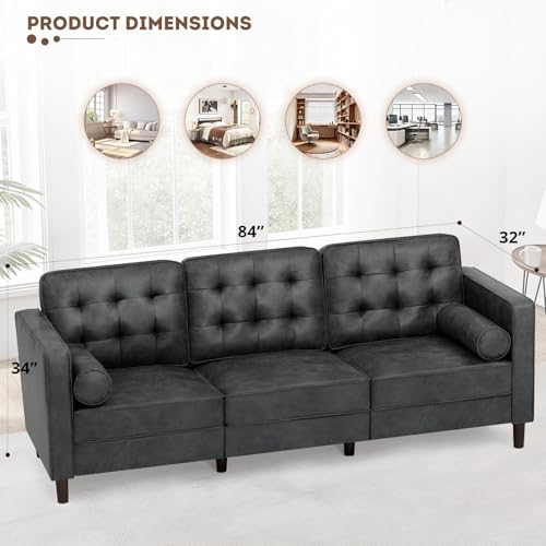 84 Inches Suede Leather Couch with Bolster Pillows, Grey - color: Grey, size: 84" Sofa
