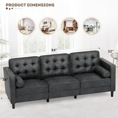 84 Inches Suede Leather Couch with Bolster Pillows, Grey - color: Grey, size: 84" Sofa