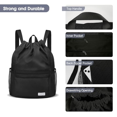 Waterproof Drawstring Backpack Sports Gym Sackpack with Mesh Pockets Water-Resistant String Cinch Beach Bag for Men Women - color: Solid - Black
