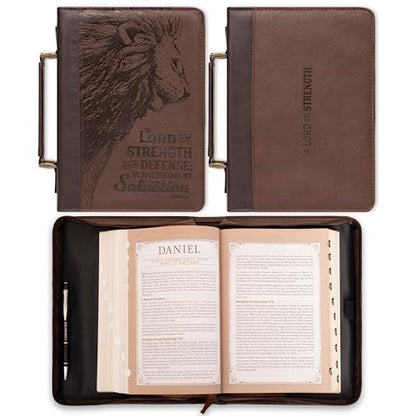Christian Art Gifts Men's Classic Bible Cover The Lord is My Strength Lion Exodus 15:2, Brown Faux Leather, Large - size: Large