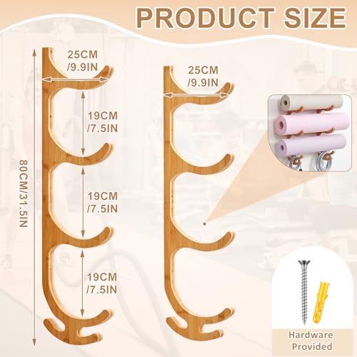 Junkin Yoga Mat Holder Wooden Wall Mount, Yoga Mat Gym Equipment Storage with 4 Hook Storage Holder for Hanging Foam Rollers and Resistance Bands for Home Gym or Fitness Class - color: Brown, style: 4 Tier