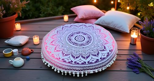 ICC Floor Pillows & Cushion Covers, Decorative Hippie Mandala Pouf Pillow Cover Bohemian Seating Meditation Cushion Cover, Large Boho Ottoman Case Pillowcase for Couch Pink Ombre, 32" Round - size: 32" x 32" (Pack of 1), style: Pink Ombre