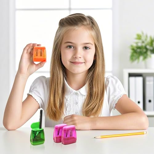 24Pcs Pencil Sharpener Manual, Assorted Color Small Dual Hole Pencil Sharpeners Bulk with Lid for School Office Home (Geometry-24)