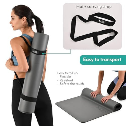 Yoga Mat 5mm Thick – Non Slip Exercise Workout Pad, PU Natural Rubber Grip, Extra Large 183x68 cm, Pilates Fitness Training, Includes Strap & Carry Bag - color: GRAY