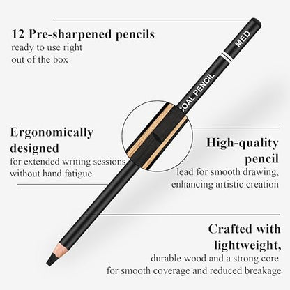 Aenir Charcoal Pencils for Drawing,（S-Soft, Soft, Medium, Hard 12 Pieces | Charcoal Drawing Pencils for Drawing, Sketching, Shading, Smooth, Art Supplies for Artist and Beginners - color: Black