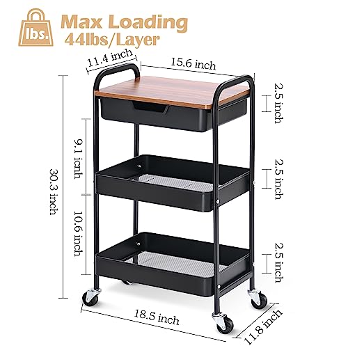 TOOLF 3-Tier Utility Rolling Cart with Wooden Board and Drawer, Metal Storage Cart with Handle, Black Trolley Kitchen Organizer Rolling Desk with Locking Wheels for Office, Classroom, Home, Bedroom - color: Black
