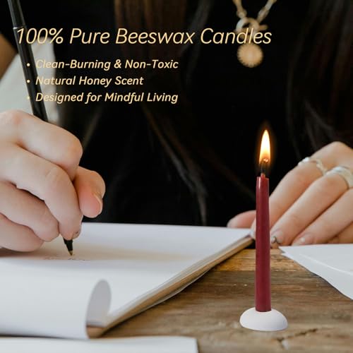 20 Minute 100% Pure Beeswax Candles, Mini Mindful Meditation Taper Candles, Smokeless & Dripless with Holder for Yoga, Prayer, Relaxation (Red,24 Pack) - color: Red