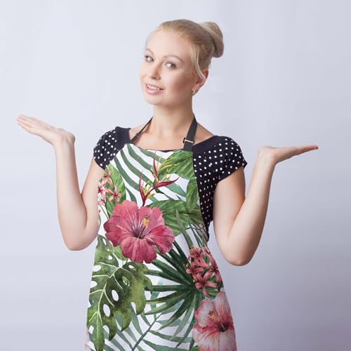 Cooking Apron for Men Watercolor Summer Tropical Flower Women Aprons for Kitchen Restaurant BBQ Painting Crafting Gardening 27” (W) x 31” (H), Waterproof Apron - color: Tropical Flower