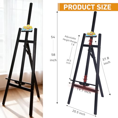 Black Smiley Wooden Easel for Painting, Wedding Signs & Display | Adjustable foldable black easel for painting canvas. Sturdy A-frame stand for wedding signs, displays & studio. - color: Black