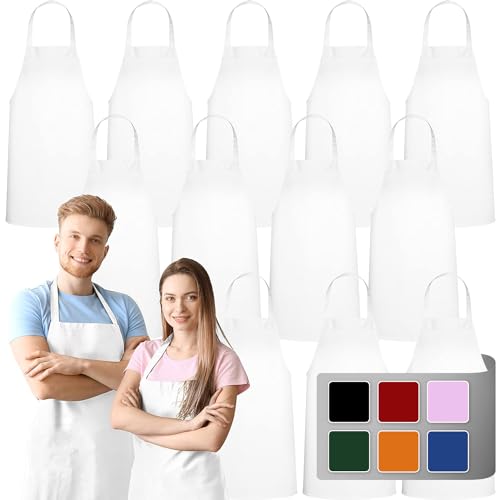 12 Pack Bib Apron - Unisex White Aprons, Machine Washable Aprons for Men and Women, Kitchen Cooking BBQ Aprons Bulk (Pack of 12, No Pockets, White) - color: White, size: 12 Pack