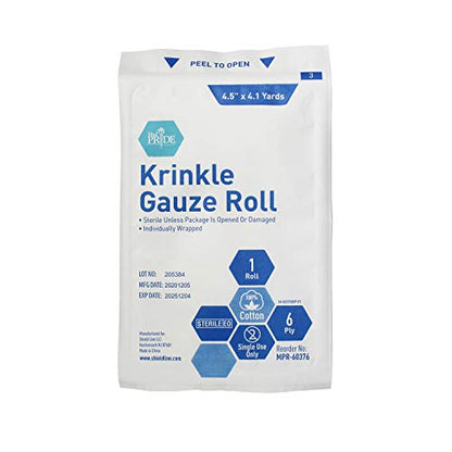 MED PRIDE Sterile Krinkle Gauze Rolls,6-Ply Cotton,4.5 in x 4.1 yd,6-Pack