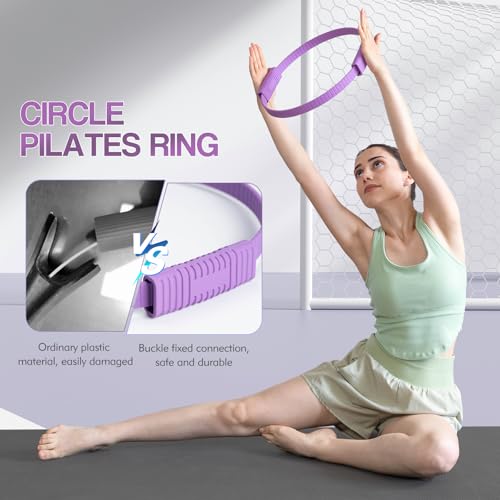 Pilates Kit, 13.5" Pilates Ring with Mini Ball & Resistance Bands | Home Pilates Equipmen Set, Magic Circle Ring with Anti-Slip Handles for Beginners, Workout Guide Included - color: Purple