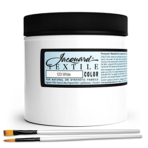 Jacquard Textile Color Fabric Paint White 8oz Permanent, Bundled w/Brushes | 8oz Colorfast textile paint for stenciling, block printing & stamping on natural or synthetic fabrics, denim & more - size: 8 Fl Oz (Pack of 1)