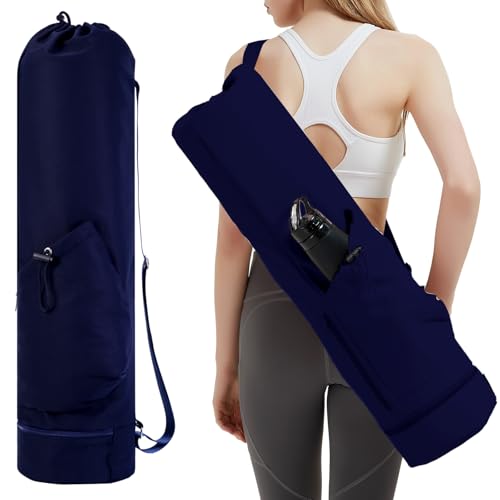 sportsnew Yoga Mat Bag with Water Bottle Pocket & Wet Pocket for Women - color: Navy Blue, size: Medium