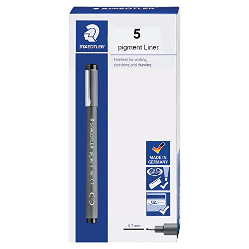 Staedtler Pigment Liner, Fineliner Pen for Drawing, Drafting, Journaling, 0.7mm, Black, Box of 5 Pens, 308 07-9 04 - style: 0.7mm
