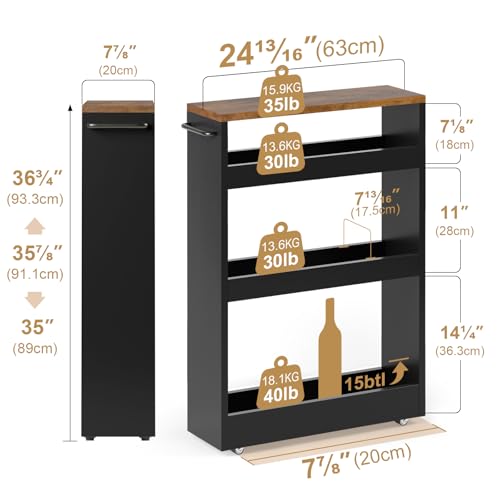 TEAMIX Wood 4-Tier Slim Rolling Storage Cart, 7.9"W, 24.8"D, 36.7"H, Black - color: Black