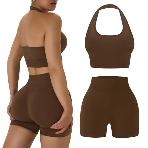 OLCHEE Womens Workout Sets 2 Piece Halter Sports Bra Scrunch Butt Shorts | Seamless Gym Set, Yoga Pilates Outfit, Matching Athletic Clothing, Activewear, Scoop Neck, Padded, High Waist - color: Brown, size: Small